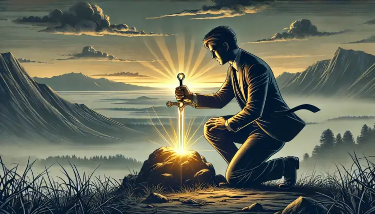 Yrittäjä vetää symbolisen miekan kivestä