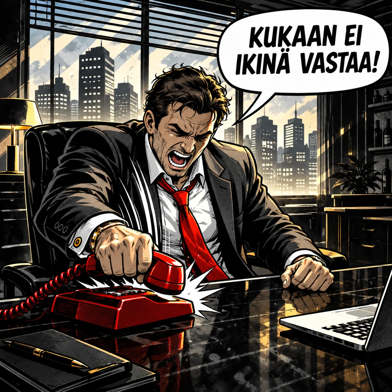 Yrittäjä turhautuu, kun tilitoimistosta ei vastata puhelimeen.